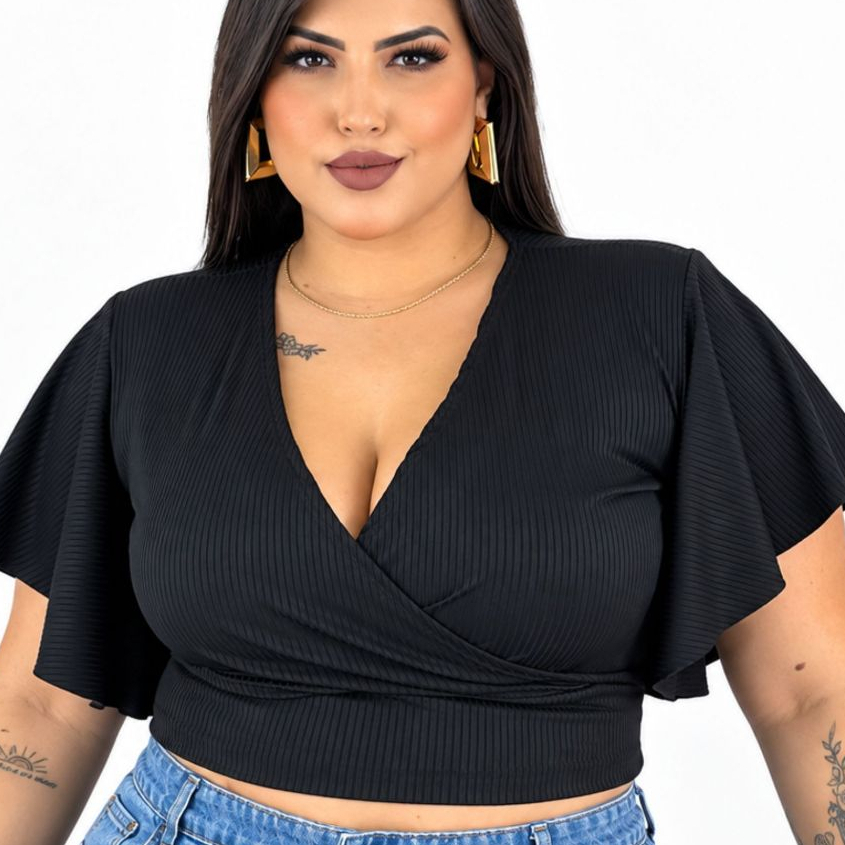 Cropped Plus Size Feminino Canelado Decote V Transpassado Manga Flare Soltinha G1 G2 G3