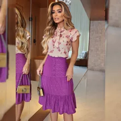 Saia Midi Social Feminina Evangélica Executiva com Babado Rodada Evase – Tecido Premium