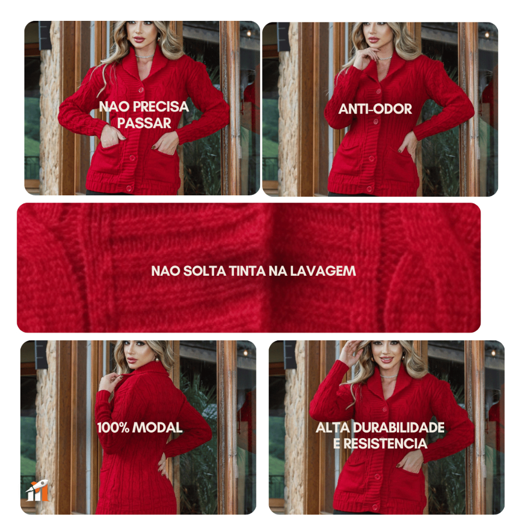Casaco Feminino Inverno Grosso Cardigan Elegante Trança Lã — imagem 2 de 2