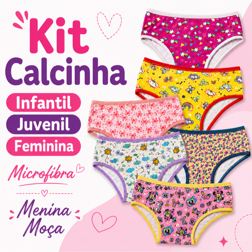 Kit Calcinha Infantil Juvenil Feminina 3 a 14 anos Microfibra Menina Moça Estampada Cores Sortidas