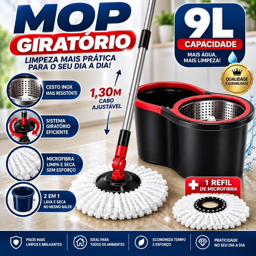 Mop Giratório Inox 9L Completo com Balde Cesto Inox Cabo 1,30m 1 Refil Limpeza Prática