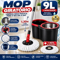 Mop Giratório Inox 9L Completo com Balde Cesto Inox Cabo 1,30m 1 Refil Limpeza Prática mopi