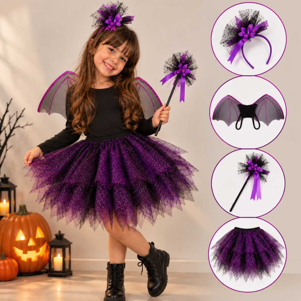 Fantasia Bruxinha Halloween Dia das Bruxas Roxa Roupa Saia Asa Tiara Varinha Tutu Cosplay Festa Escola Menina Criança