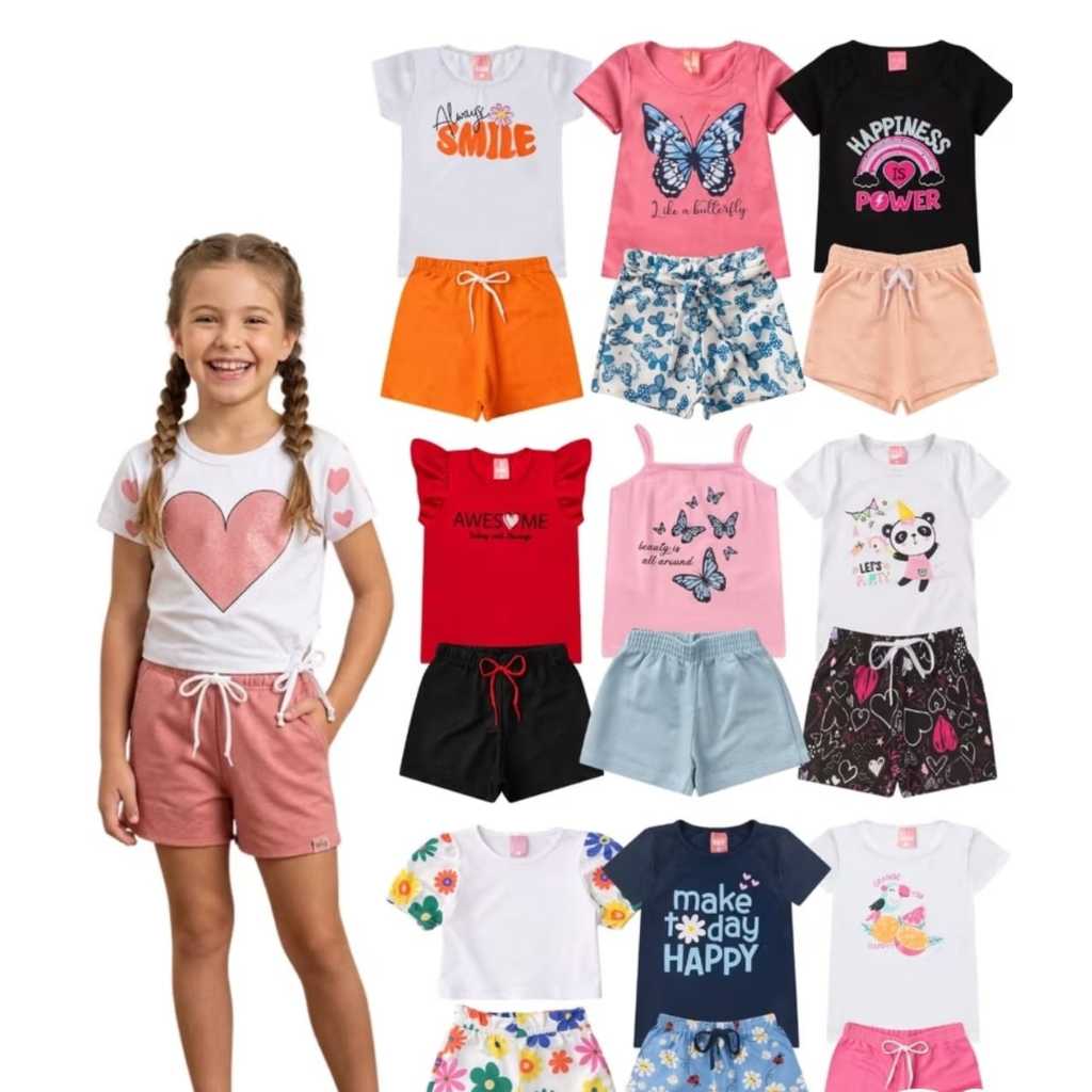 Kit 6 Peças Conjuntos Feminino Infantil Menina 2 a 12 Anos – Camiseta Meia Malha + Bermuda Cotton