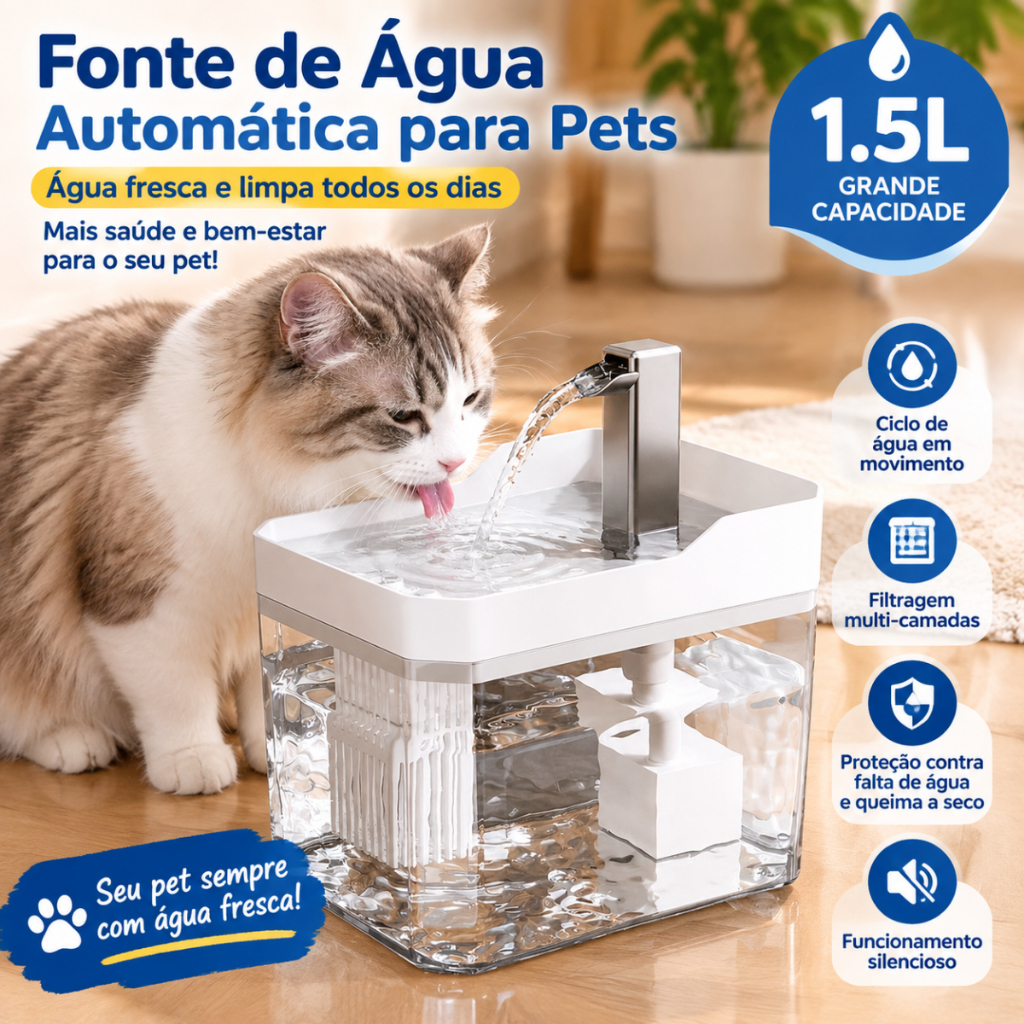 Fonte de Água Automática para Pets 1.5L Circulação de Água Filtro Gato e Cachorro