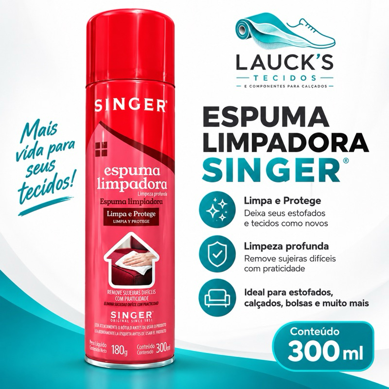 Limpa Estofados Singer Espuma 300ml Sofá Banco de Carro Tênis Tecidos Plástico Inox Multiuso