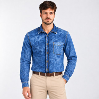 CAMISA MASCULINA JEANS AZUL MARMORIZADO– MANGA LONGA Anos 80 Casual