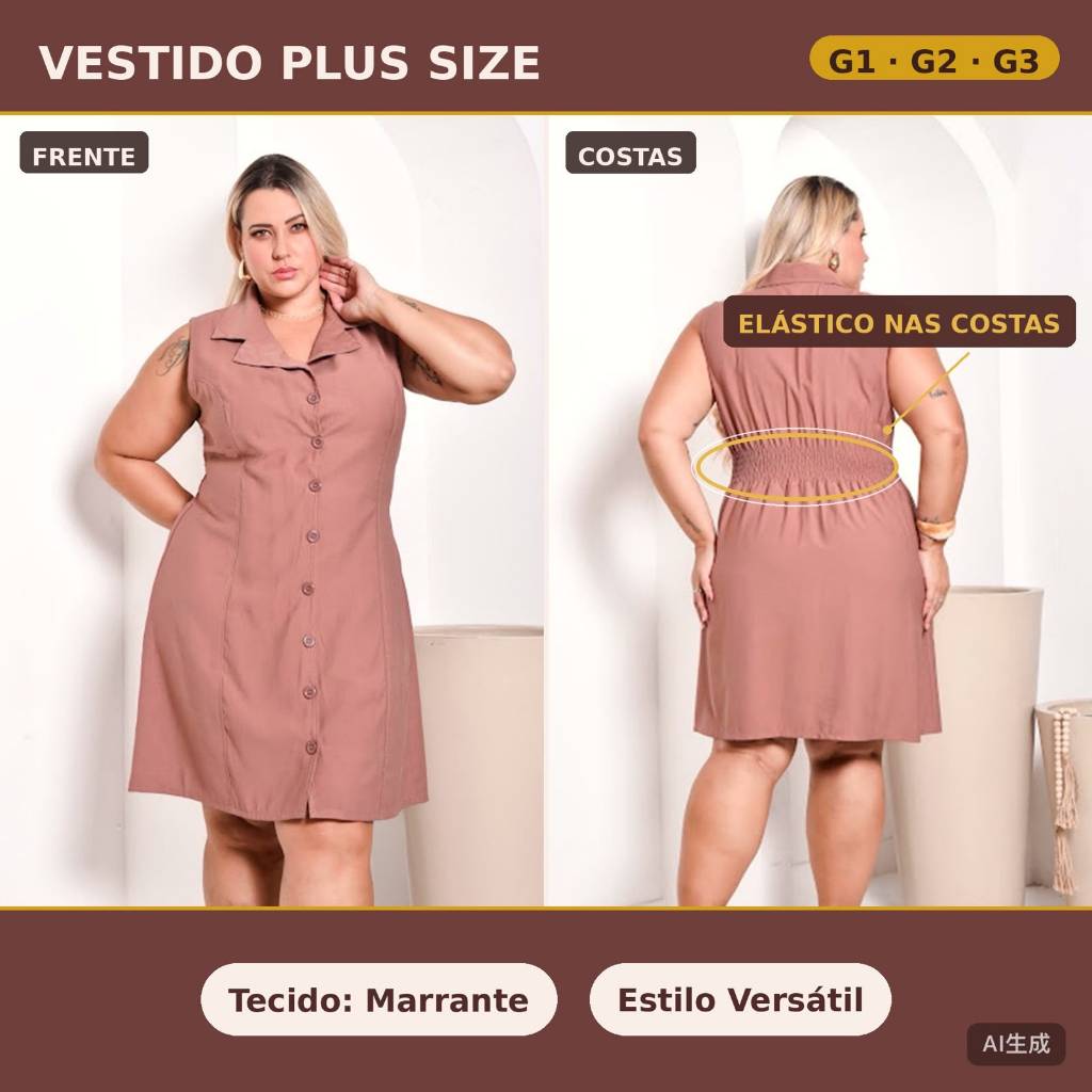 Vestido Midi Chamise Plus Size Sensorial Marrant Com Botão Lastex Atrás Elegante Casual