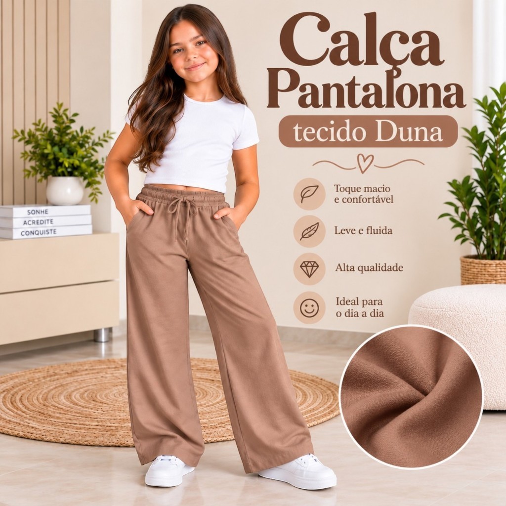 Calça Pantalona Infantil Blogueirinha Tecido Duna Confortável e Fresca Com Bolso