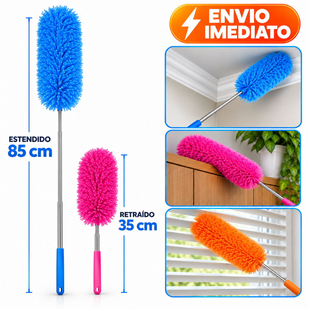 Espanador de Pó Microfibra Eletrostático Com Cabo Retrátil Extensível Flexível Lavável Limpeza Eficiente Alto Alcance