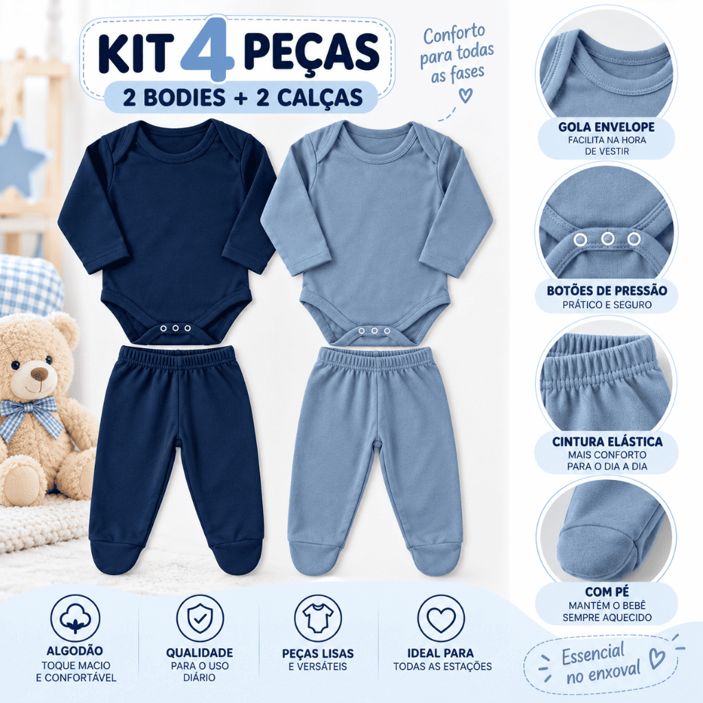 Kit 4 peças body e mijão calça liso bebe menino algodão infantil manga longa bory bodies masculino