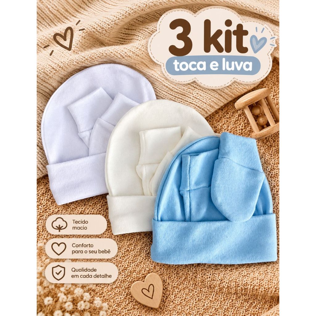 Kit 3 Touca e 3 Luva Para Bebê Recém Nascido 100% Algodão Antialérgico Maternidade Enxoval Gestante