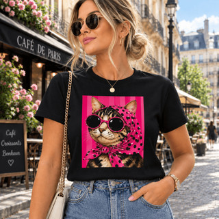 Camiseta Estampada Gatinho Óculos Fashion Tshirt Cats Fofa 100% Algodão Fio 30.1 Feminina Gola Redonda