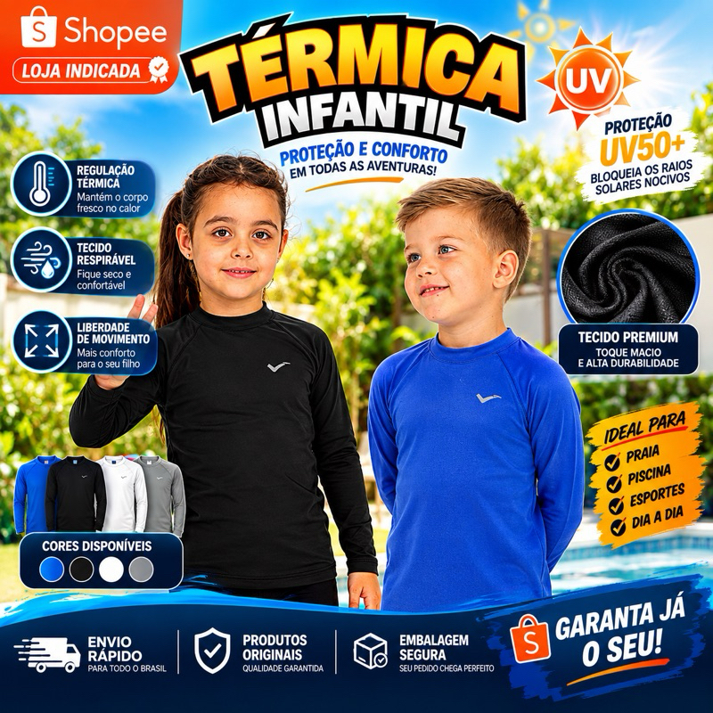 Camisa UV Infantil Térmica Blusa de Proteção Solar para Menino e Menina UV50