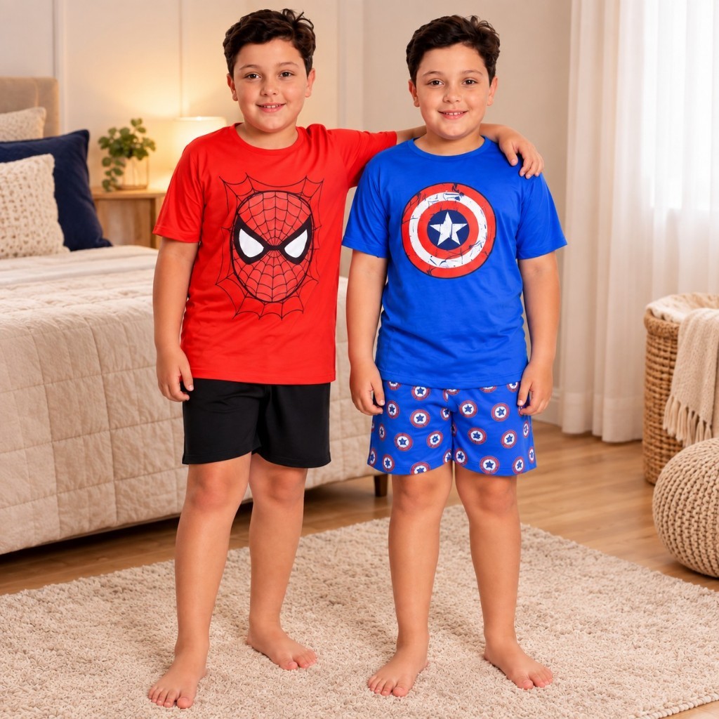 Kit 2 Pijamas Infantil Masculino Estampado Manga Curta + Short Malha PV Confortável Presente Menino