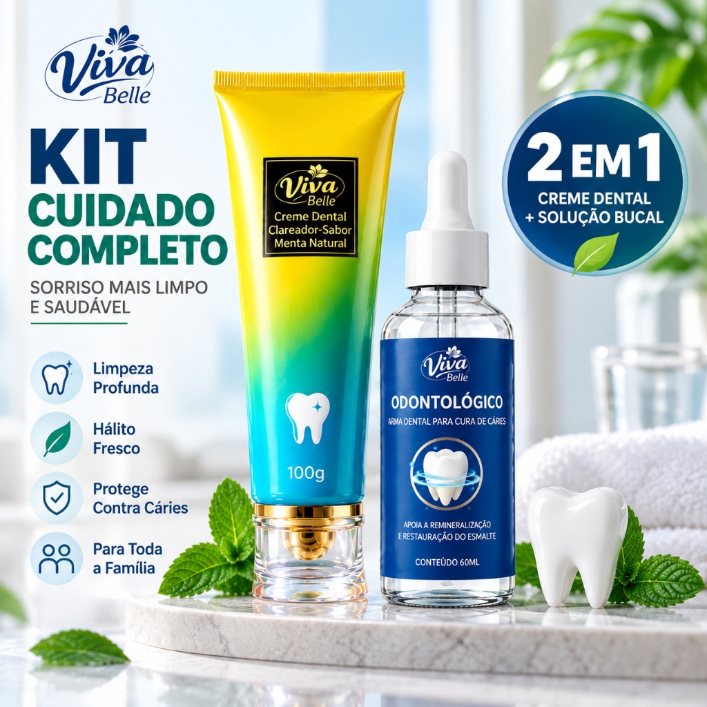 PROMO Kit Viva Belle Creme Dental Menta 100g + Cuidado Bucal 60ml, Higiene Bucal e Hálito Fresco