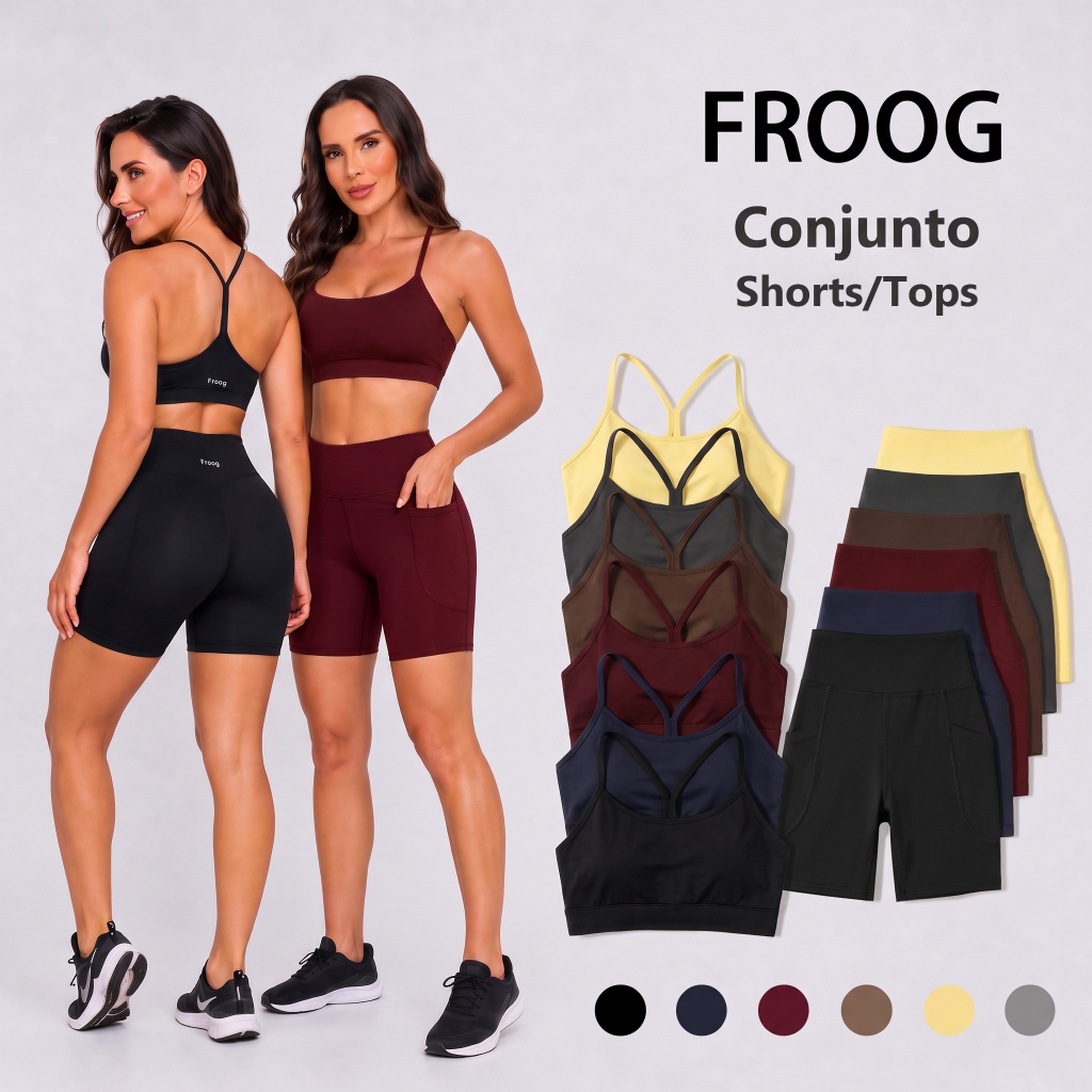 Froog Conjunto Fitness Feminino Short com Bolso Zero Transparência + Tops Academia para Corrida Yoga