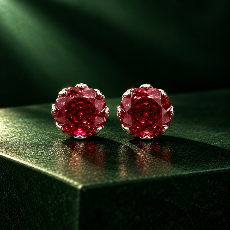 Brinco Feminino Rose Cut Vermelho Rubi 10mm em Prata 925 Elegante