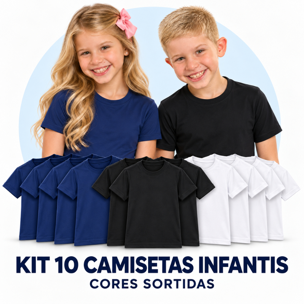 Kit 10 Camisetas Infantil Unissex Básicas Lisas Manga Curta Cores Sortidas Menino Menina