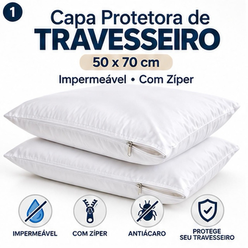 Capa Protetora de Travesseiro Impermeável 50x70 com Zíper Antiácaro Silenciosa Lavável