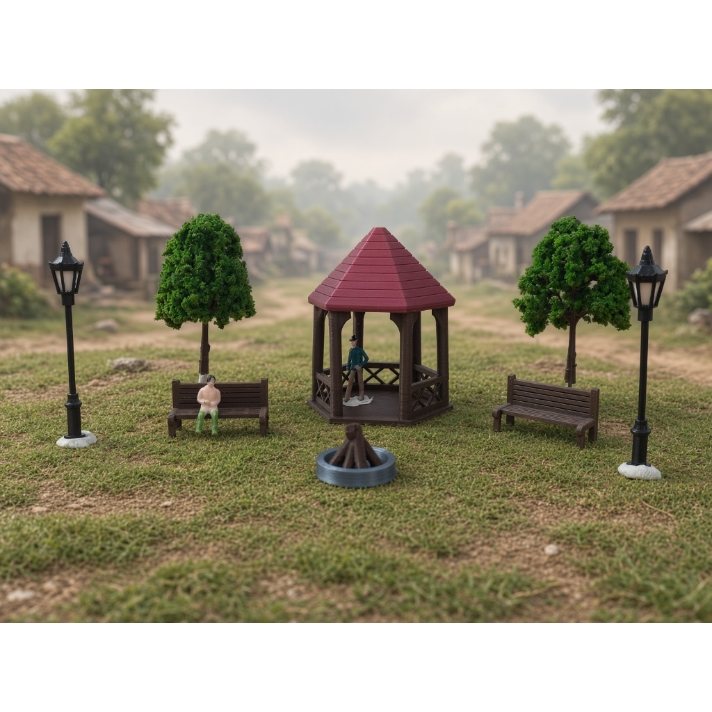 Miniaturas Coreto C/ Bancos, Postes Arvores Fogueira Pessoas – Maquete,Terrário, Diorama Trabalho Escolar