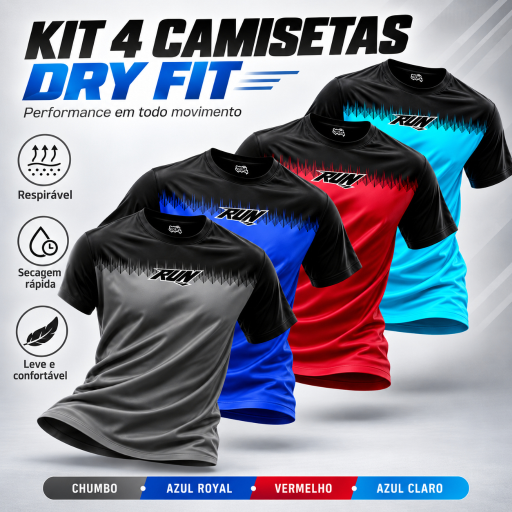 Kit 4 Camisetas Dry Fit Masculina Performance Academia Corrida Musculação Fitness Esportiva