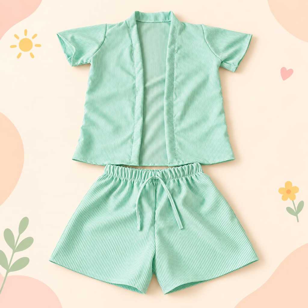 ​Conjunto Infantil Verão 2 Peças Camisa Kimono Manga Curta E Short Tecido Crepino Listrado