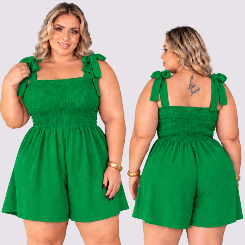 Macaquinho Plus Size Lastex no Busto Alça de Amarrar laço Soltinho Verão Moda Maior Curve Midsize Premium Elegante chic