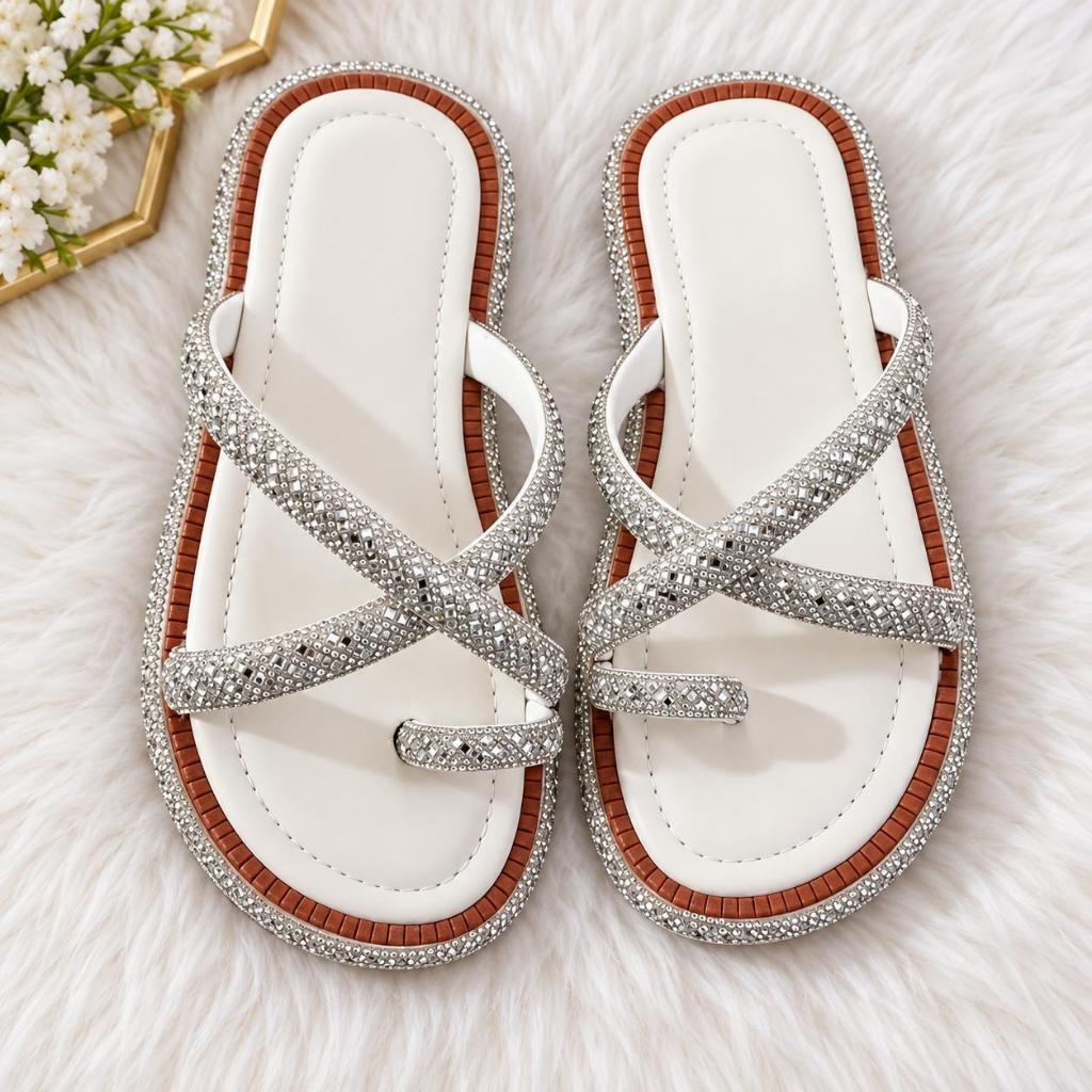 Sandália Feminina Rasteirinha Luxo com Strass Brilho Confortável Casual