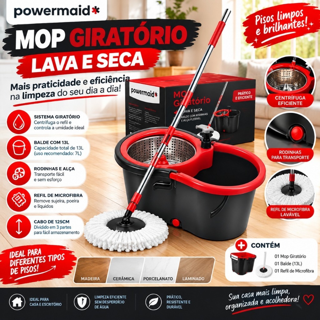 Mop Esfregão Giratório 13L com Balde e Rodinhas, 1 Refil Microfibra Lavável, Cabo 125cm, Cinza e Vermelho