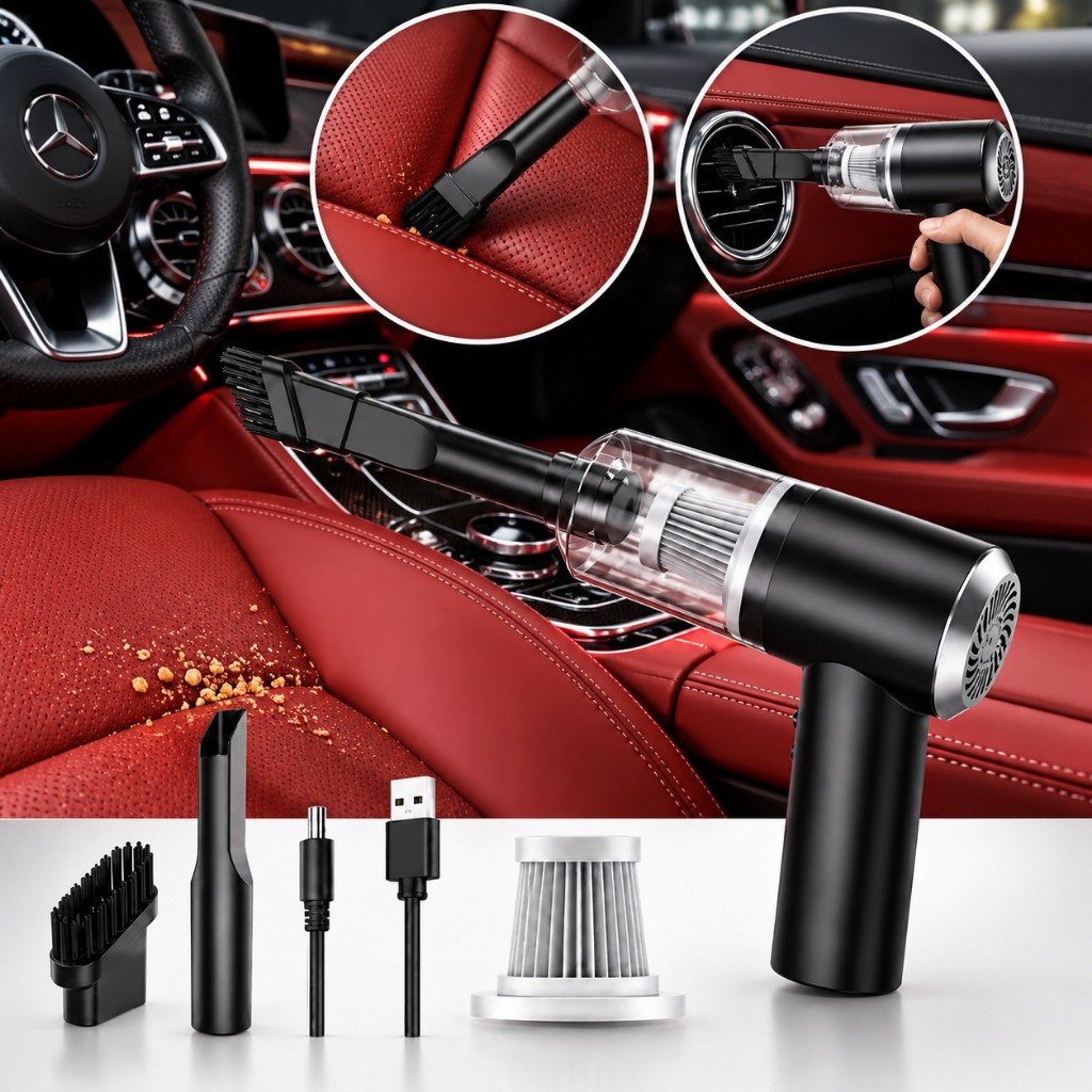 Mini Aspirador de Pó Portátil Preto Automotivo Casa Sem Fio 3 em 1 Potente 6000Pa Recarregável