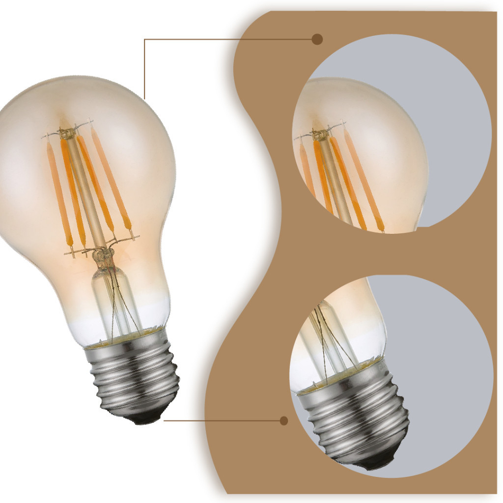 Lâmpada LED Filamento Vintage para Pendentes e Abajur 4W Âmbar 2200K A60 Bivolt E27 Luz Quente Decorativa