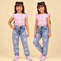 Calça Jeans Infantil Juvenil Adolescente Menina MOM Estampa Flor Coração 2 a 10 Anos Jeans Premium