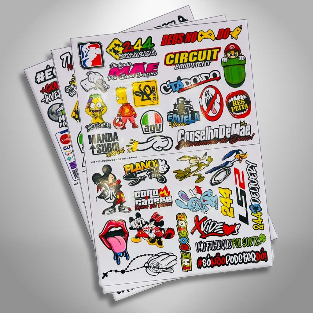 Kit 100 Adesivos Vinil Cartelas Moto Carro Bike Capacete 244 Tamanhos 3 a 15cm Sticker Decorativo Resistente à Água