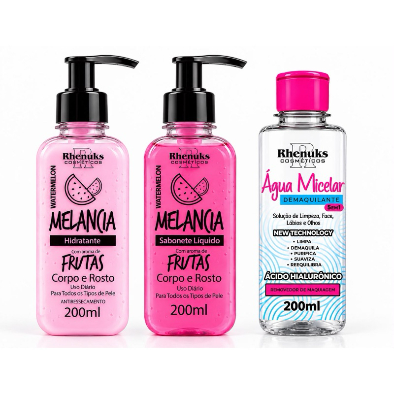 Kit Cuidado Rosto E Corpo Sabonete Líquido + Hidratante Melância + Água micelar 200ml Cada