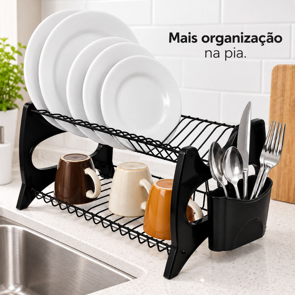 Escorredor de Louças Duplo 13 Pratos Porta Talher Cozinha Bancada Metaltru