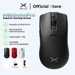 Mouse Gamer Sem Fio DELUX M800 MiniPro 43g Ultra Leve PAW3395, Wired, wireless, Bluetooth, 26000 DPI, Para Mãos Pequenas