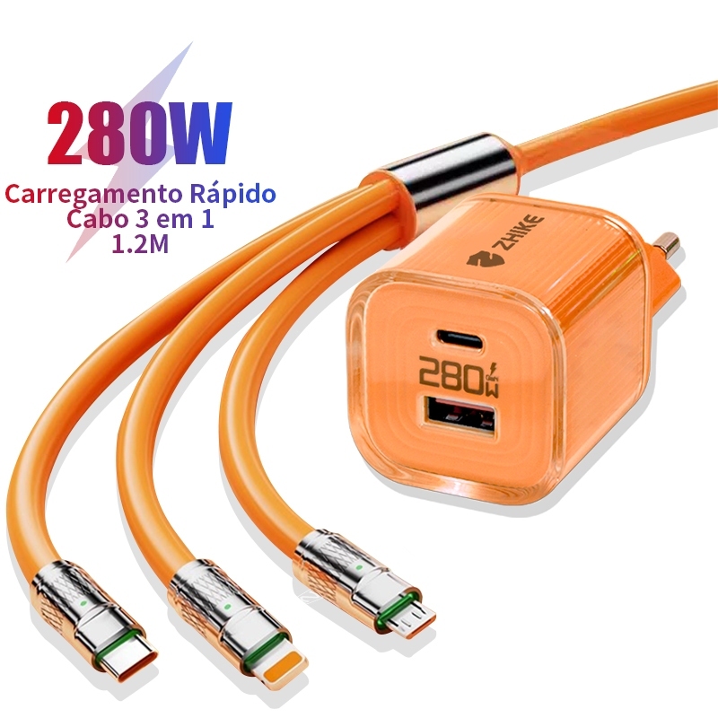 Kit Cabo Carregador Carregamento Rápido ZHIKE Adaptador GaN Tipo C V8 iP 3 em 1 Silicone 1.2M Dados Universal Viagem