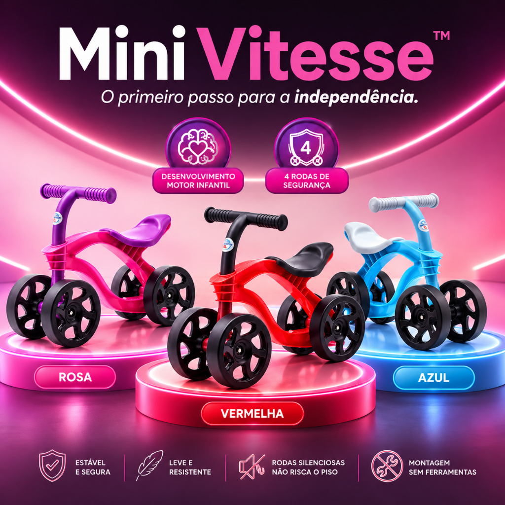 Bicicleta de Equilíbrio Infantil Mini Vitesse™ 4 Rodas Sem Pedal Desenvolvimento Motor +1 Ano - Rosa Vermelha Azul