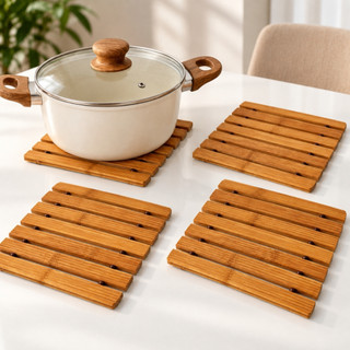 Kit Descanso de Panela Bambu Apoio Suporte Panela Quente Proteção Mesa Posta Cozinha 2/3/4 Un