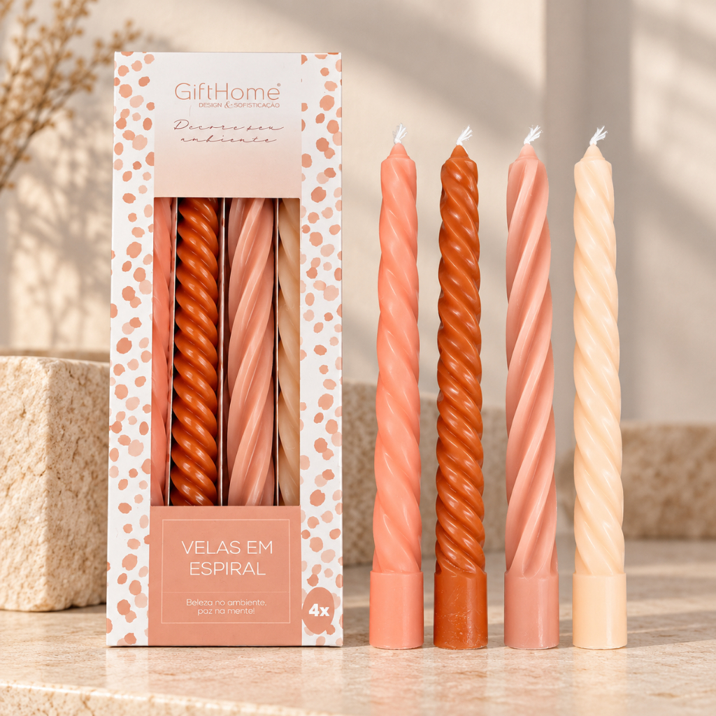 Kit 4 Velas Espiral Decorativas 25cm – Terracota | Parafina