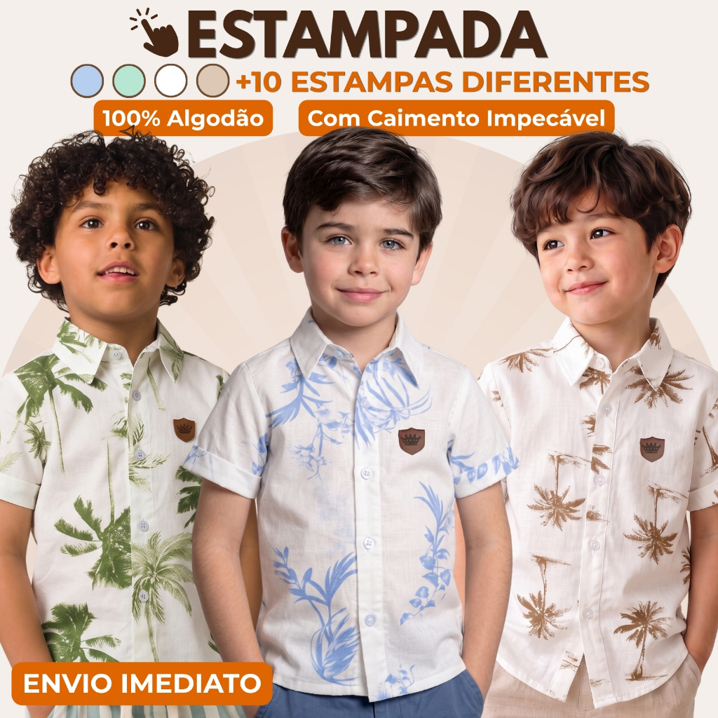 Camisa Social Infantil Menino Estampada 100% Algodão Casual Verão Masculina
