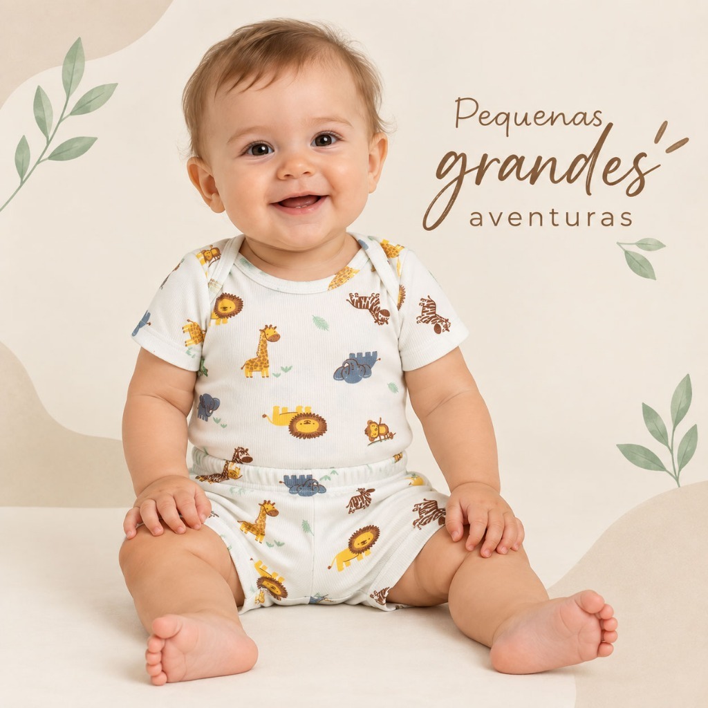 Conjunto Bebê Body e Short Canelado Menino Estampado Safari Poliviscose