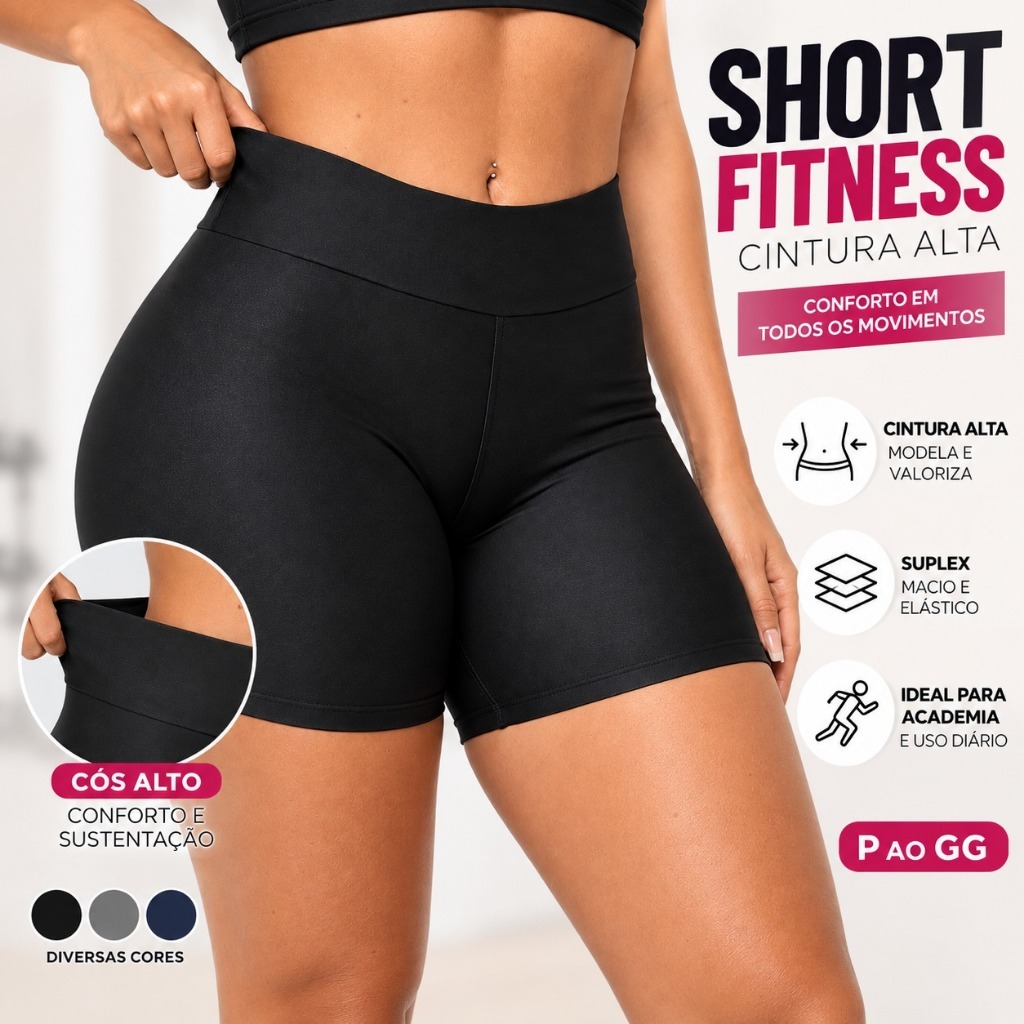 Short Fitness Feminino Cintura Alta Academia Bermuda Suplex Cós Alto Modelador Treino Esportivo