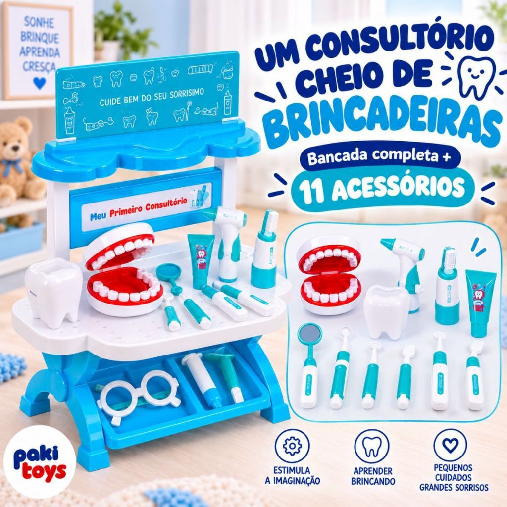 Consultório Dentista Infantil Brinquedo Bancada Com Acessórios Solta Água De Verdade Faz de Conta Paki Toys