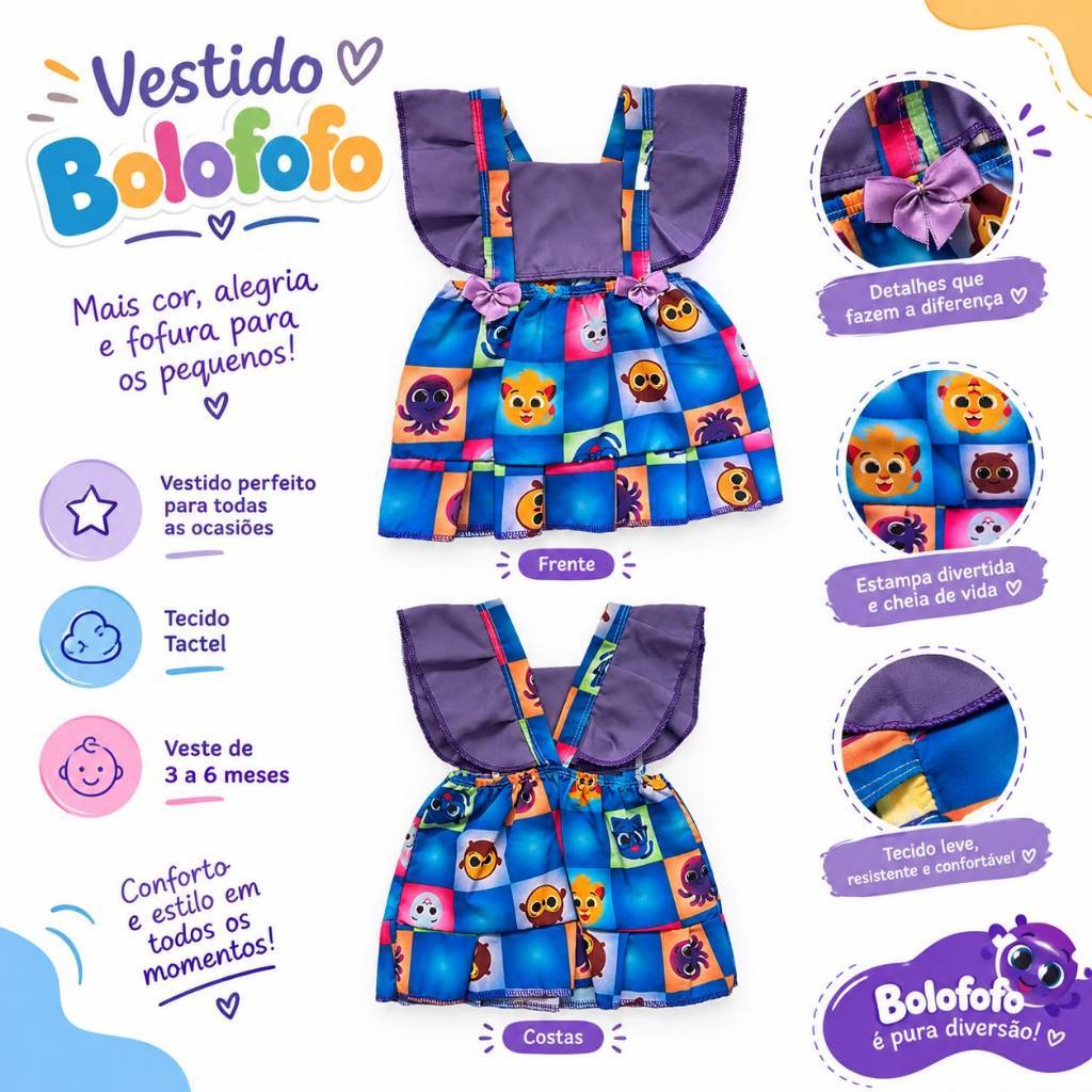 Vestido Bebê Menina Infantil Bolofofo Estampado Tactel 3 a 6 Meses Verão Festa Passeio Roupa Infantil Feminino.