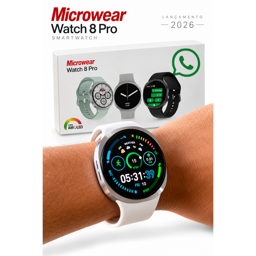 Smartwatch Watch 8 Pro 2026 Tela Super AMOLED | Faz e Recebe Chamadas | Responde WhatsApp | Assistente IA | Bluetooth