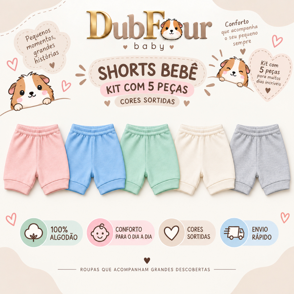 Kit 5 Shorts De Bebê Menina Menino Unissex Infantil  Cores Lisas
