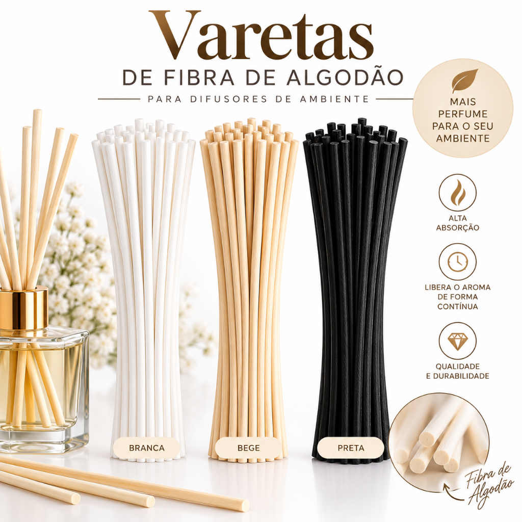 Varetas em fibra de algodão branca preta rose para difusor de ambiente varetas