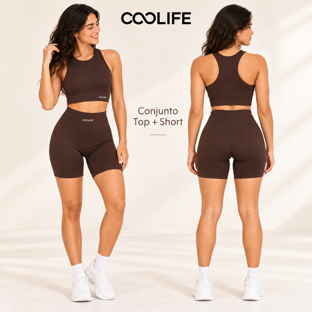 Conjunto Fitness Feminino Canelado Marrom Chocolate Top Nadador + Short Curto Cintura Alta Zero Transparência Poliamida